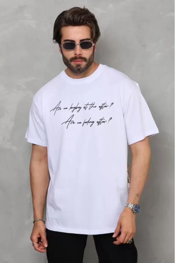 Unisex Bisiklet Yaka Baskılı Oversize T-Shirt - Beyaz