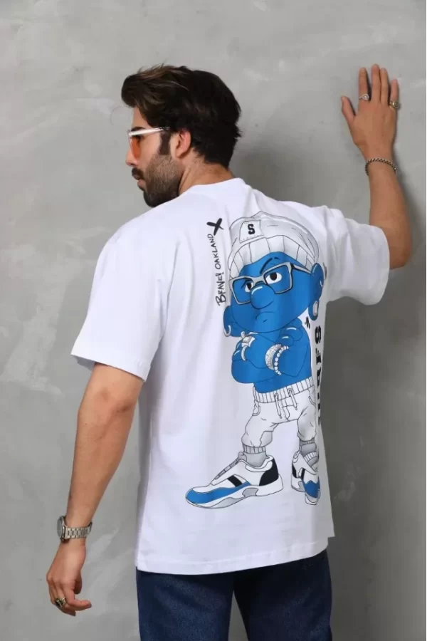 Unisex Bisiklet Yaka Baskılı Oversize T-Shirt - Beyaz