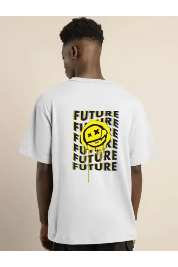 Unisex Bisiklet Yaka Baskılı Oversize T-Shirt - Beyaz