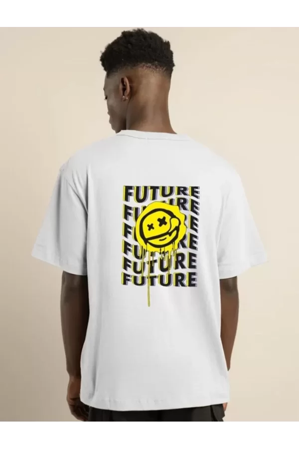 Luz&Pos Unisex Bisiklet Yaka Baskılı Oversize T-shirt - Beyaz