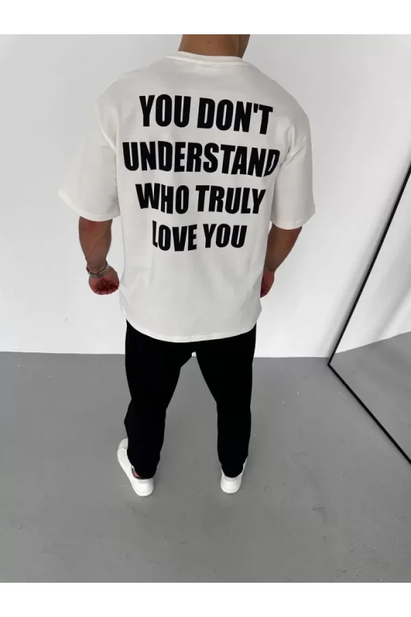 Unisex Bisiklet Yaka Baskılı Oversize T-Shirt - Beyaz