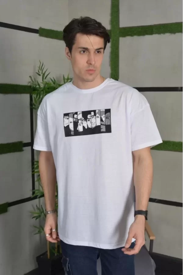 Luz&Pos Unisex Bisiklet Yaka Baskılı Oversize T-shirt - Beyaz