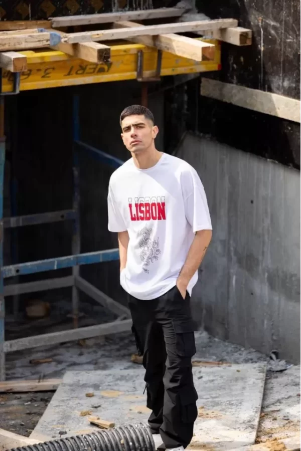 Unisex Bisiklet Yaka Baskılı Oversize T-Shirt - Beyaz