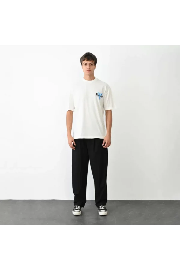 Unisex Bisiklet Yaka Baskılı Oversize T-Shirt - Beyaz