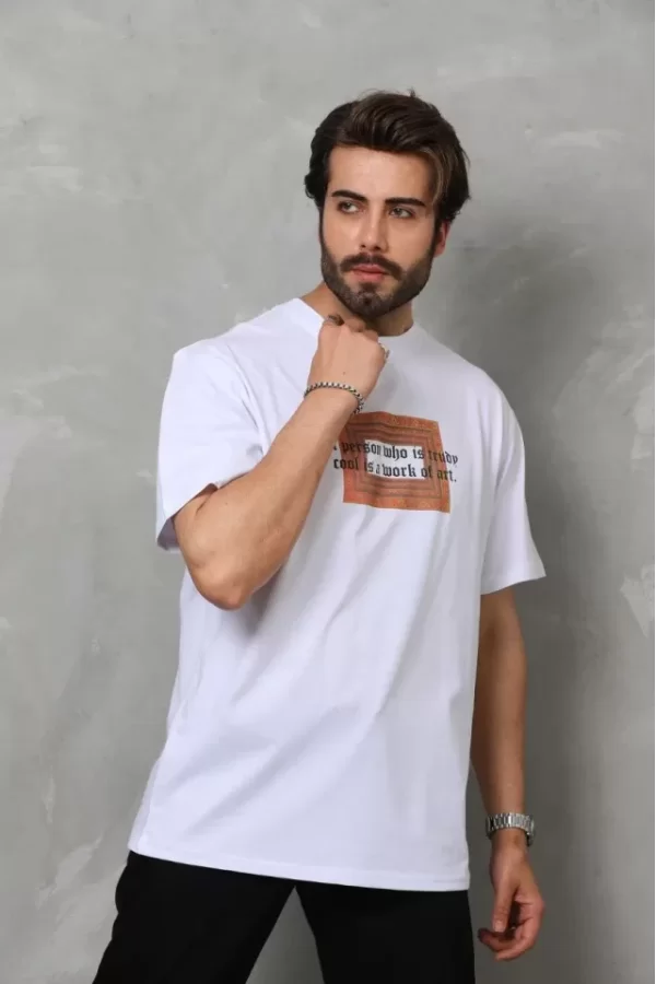 Unisex Bisiklet Yaka Baskılı Oversize T-Shirt - Beyaz