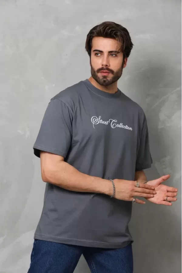 Unisex Bisiklet Yaka Baskılı Oversize T-Shirt - Füme