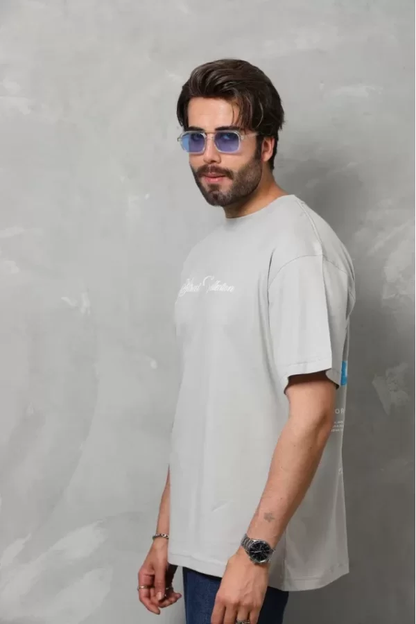 Unisex Bisiklet Yaka Baskılı Oversize T-Shirt - Gri
