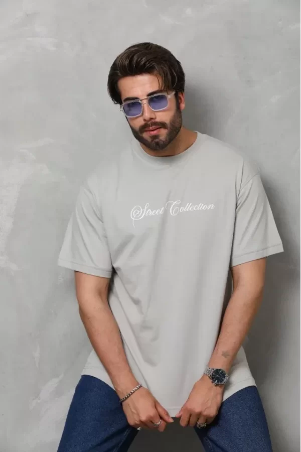 Unisex Bisiklet Yaka Baskılı Oversize T-Shirt - Gri