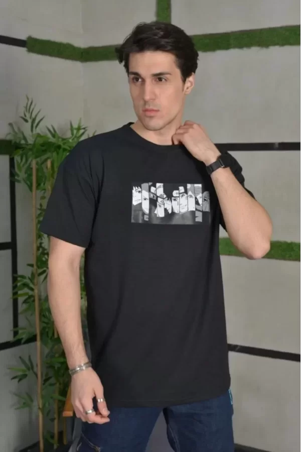 Luz&Pos Unisex Bisiklet Yaka Baskılı Oversize T-shirt - Siyah