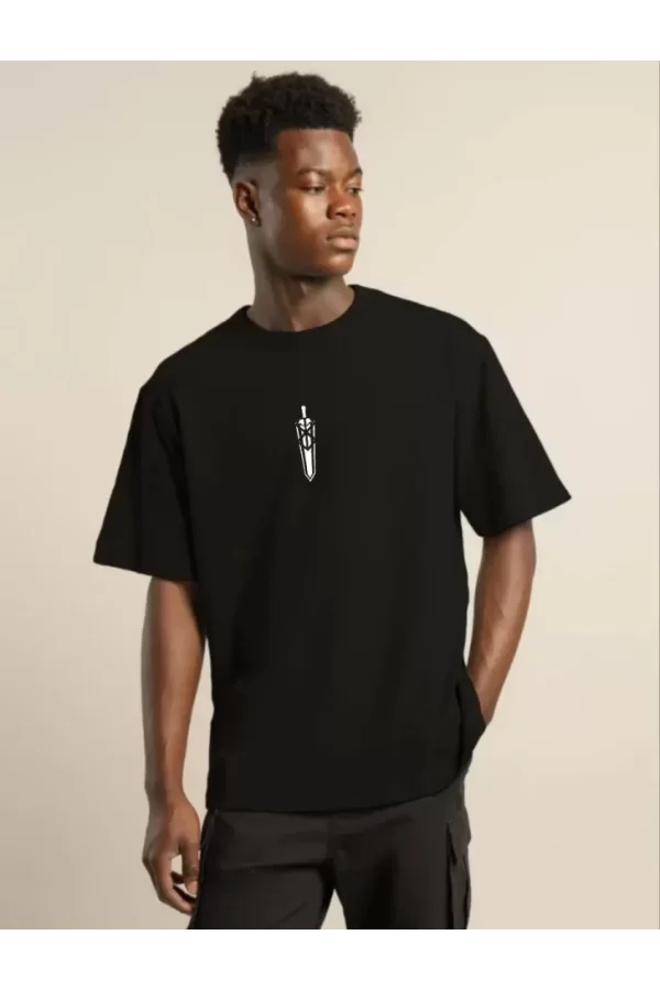 Unisex Bisiklet Yaka Baskılı Oversize T-Shirt - Siyah
