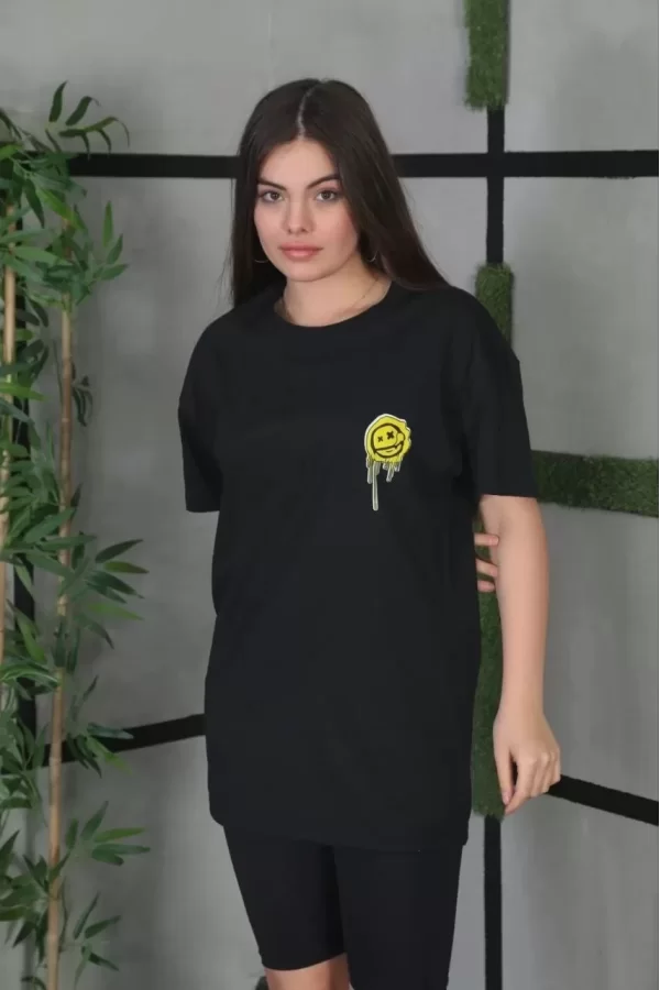 Luz&Pos Unisex Bisiklet Yaka Baskılı Oversize T-shirt - Siyah