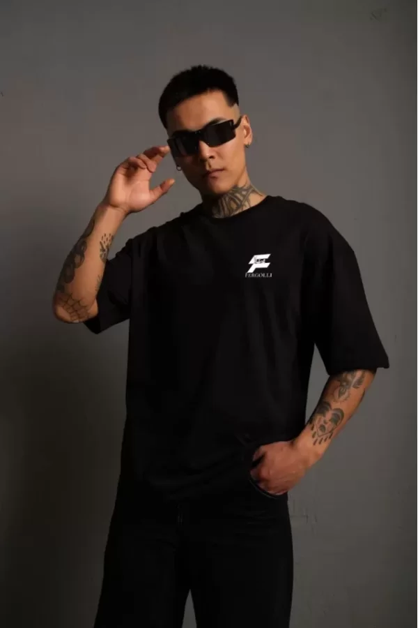 Unisex Bisiklet Yaka Baskılı Oversize T-Shirt - Siyah