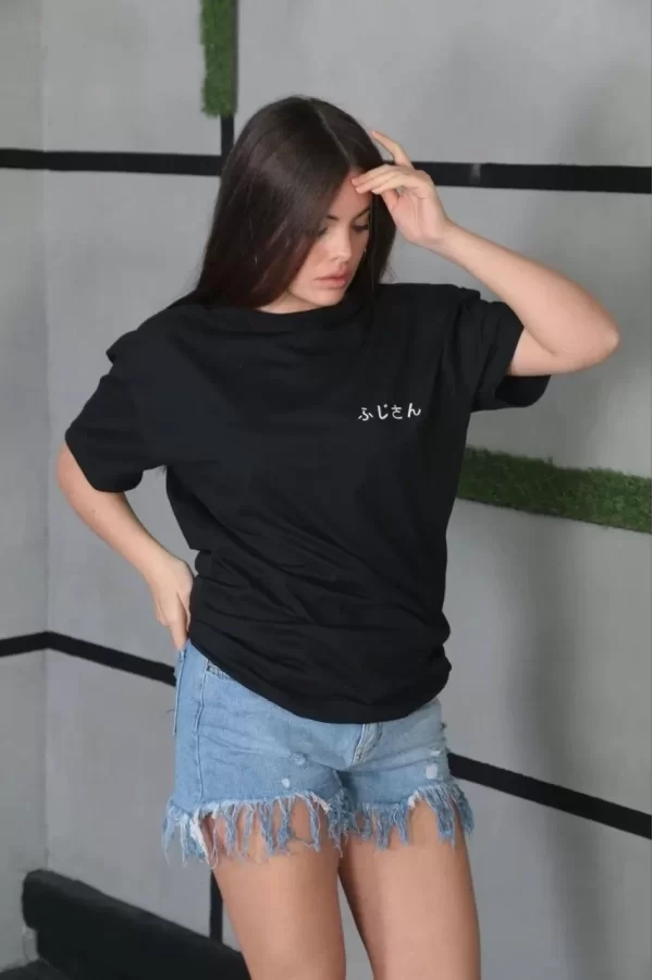 Luz&Pos Unisex Bisiklet Yaka Baskılı Oversize T-shirt - Siyah