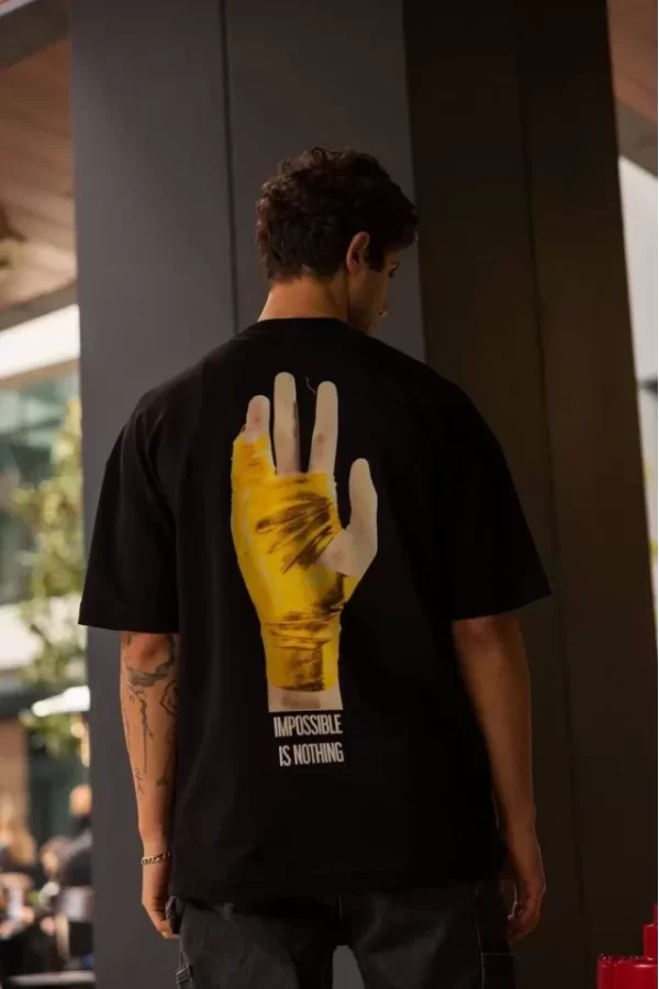 Unisex Bisiklet Yaka Baskılı Oversize T-Shirt - Siyah