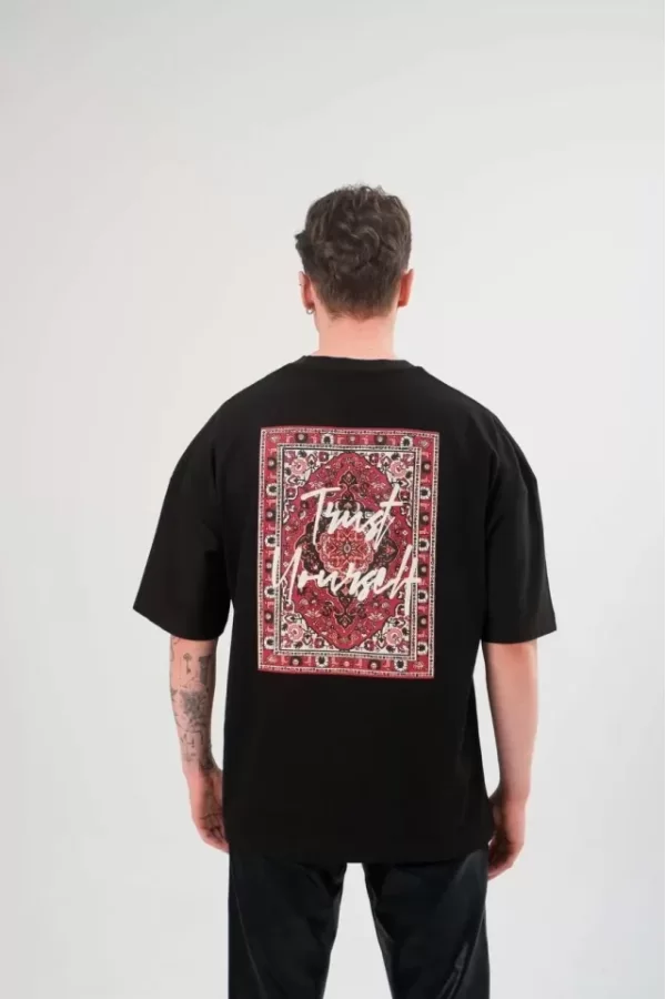 Unisex Bisiklet Yaka Baskılı Oversize T-Shirt - Siyah