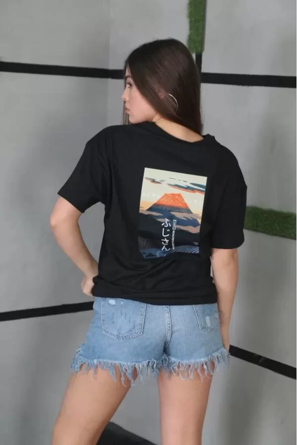 Luz&Pos Unisex Bisiklet Yaka Baskılı Oversize T-shirt - Siyah