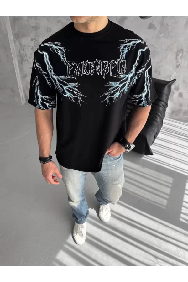 Unisex Bisiklet Yaka Baskılı Oversize T-Shirt - Siyah