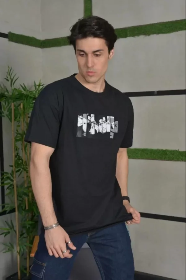 Luz&Pos Unisex Bisiklet Yaka Baskılı Oversize T-shirt - Siyah