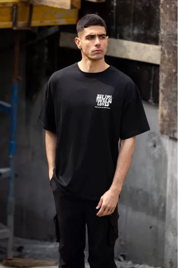 Unisex Bisiklet Yaka Baskılı Oversize T-Shirt - Siyah