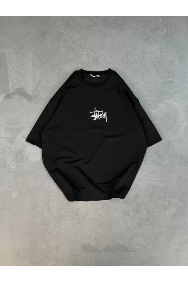 Unisex Bisiklet Yaka Baskılı Oversize T-Shirt - Siyah