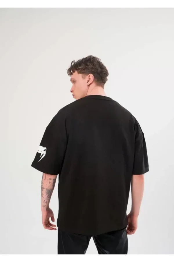 Unisex Bisiklet Yaka Baskılı Oversize T-Shirt - Siyah