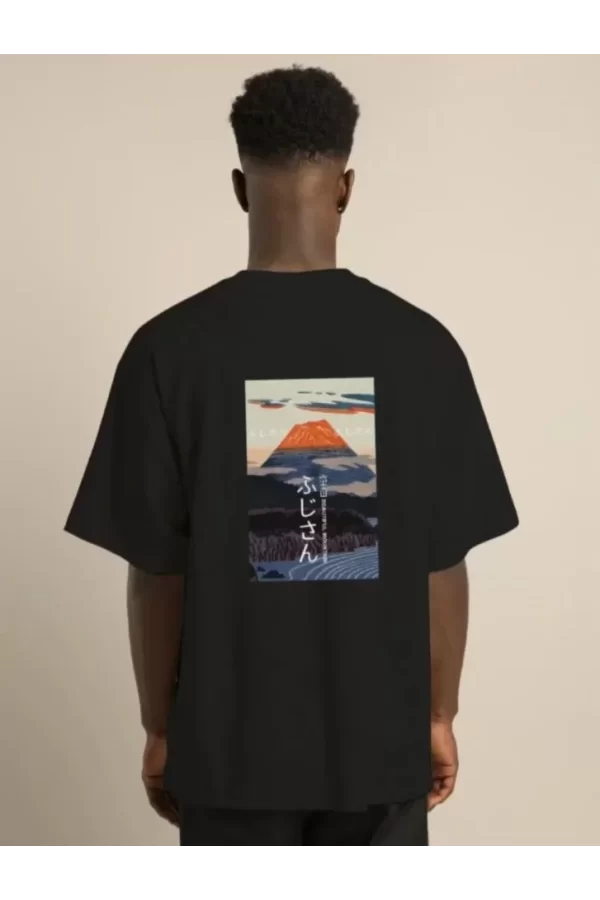 Unisex Bisiklet Yaka Baskılı Oversize T-Shirt - Siyah