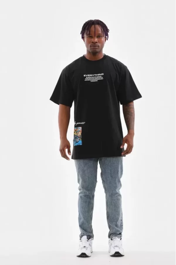 Unisex Bisiklet Yaka Baskılı Oversize T-Shirt - Siyah