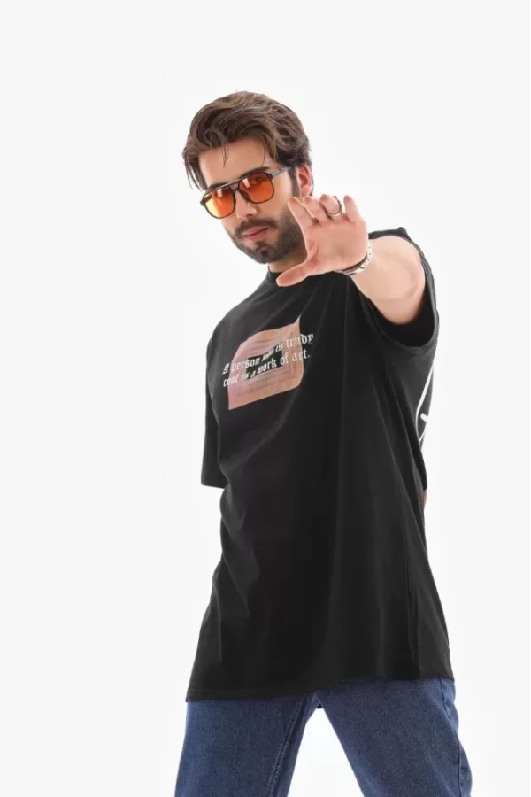 Unisex Bisiklet Yaka Baskılı Oversize T-Shirt - Siyah