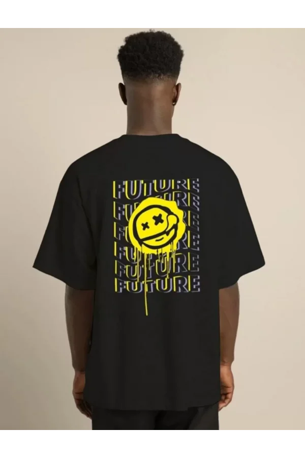 Luz&Pos Unisex Bisiklet Yaka Baskılı Oversize T-shirt - Siyah