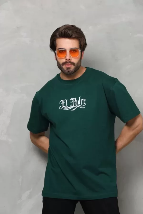 Unisex Bisiklet Yaka Baskılı Oversize T-Shirt - Yeşil