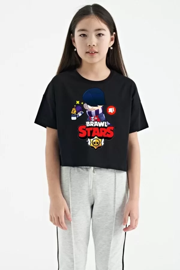 Luz&Pos Unisex Bisiklet Yaka Kısa Kol Baskılı Çocuk T-shirt - Siyah