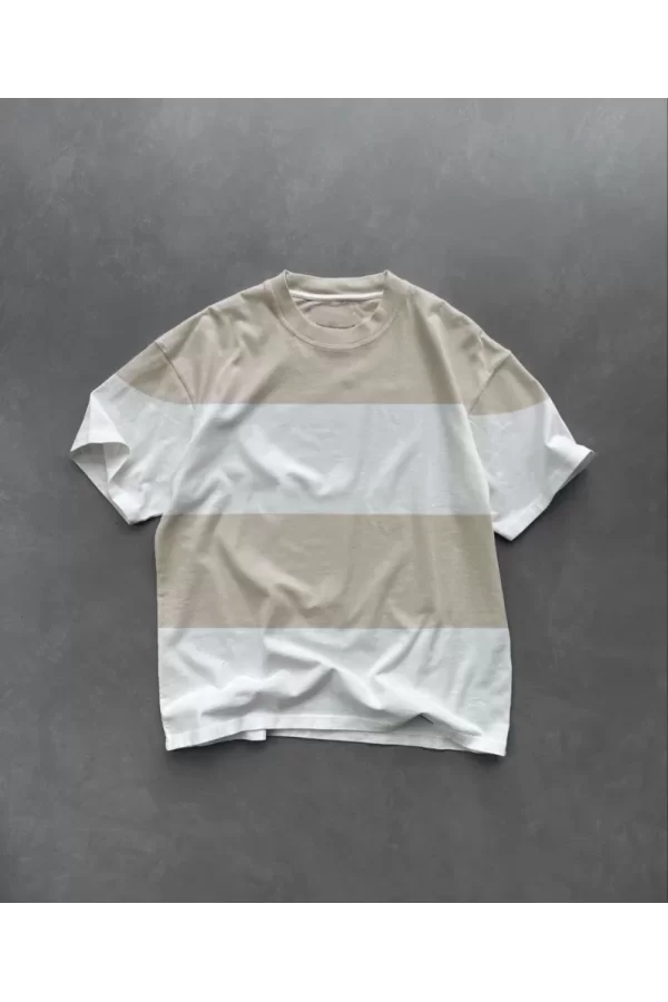 Unisex Bisiklet Yaka Parçalı T-Shirt - Bej