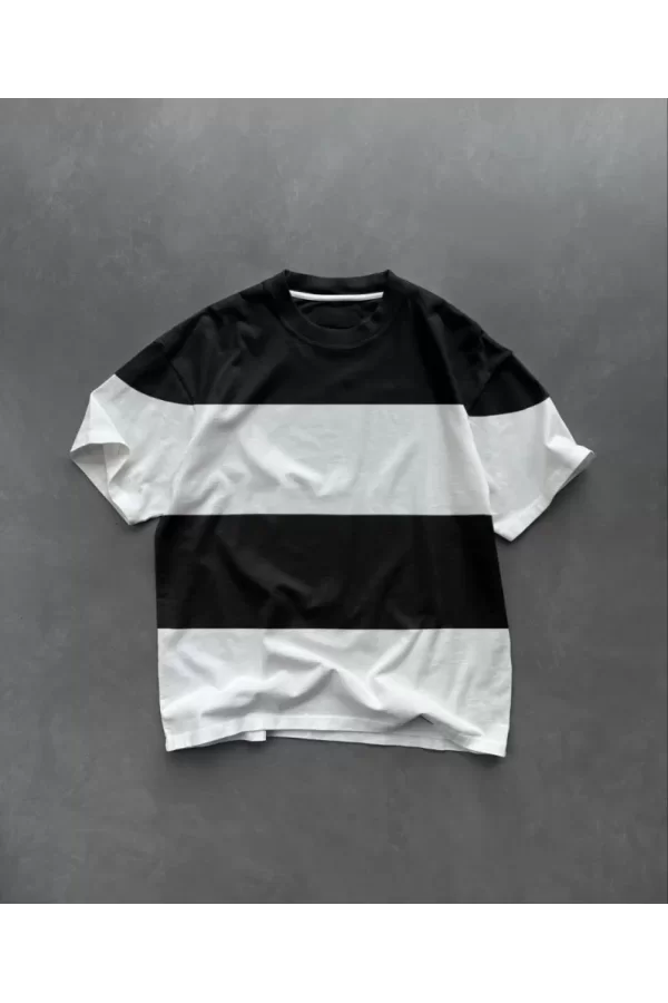Unisex Bisiklet Yaka Parçalı T-Shirt - Siyah