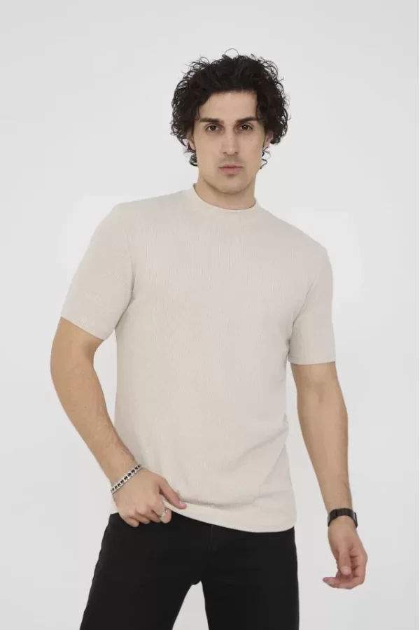 Unisex Bisiklet Yaka Slim Fit T-Shirt- Bej