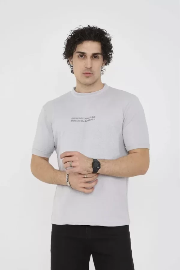 Unisex Bisiklet Yaka Slim Fit T-Shirt- Boyalı Gri