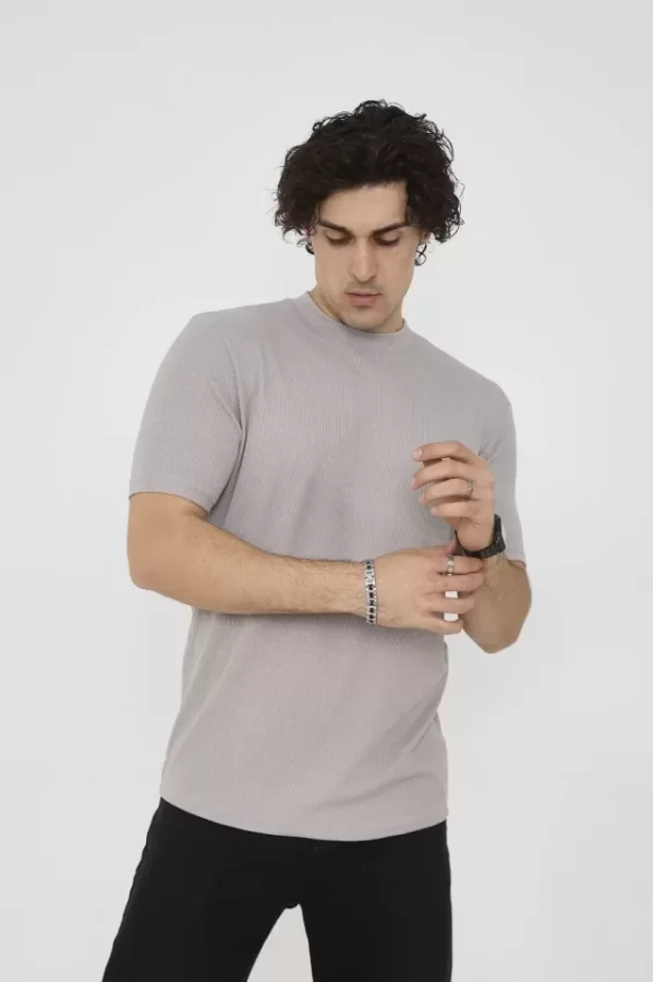 Unisex Bisiklet Yaka Slim Fit T-Shirt- Taş
