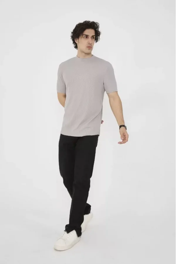 Unisex Bisiklet Yaka Slim Fit T-Shirt- Taş