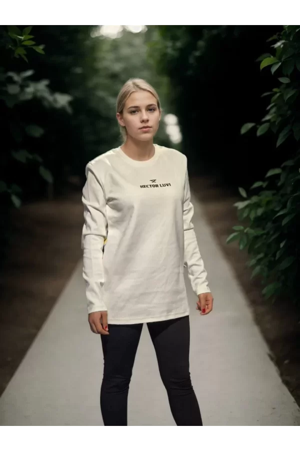 Luz&Pos Unisex Bisiklet Yaka Uzun Kollu T-shirt - Beyaz