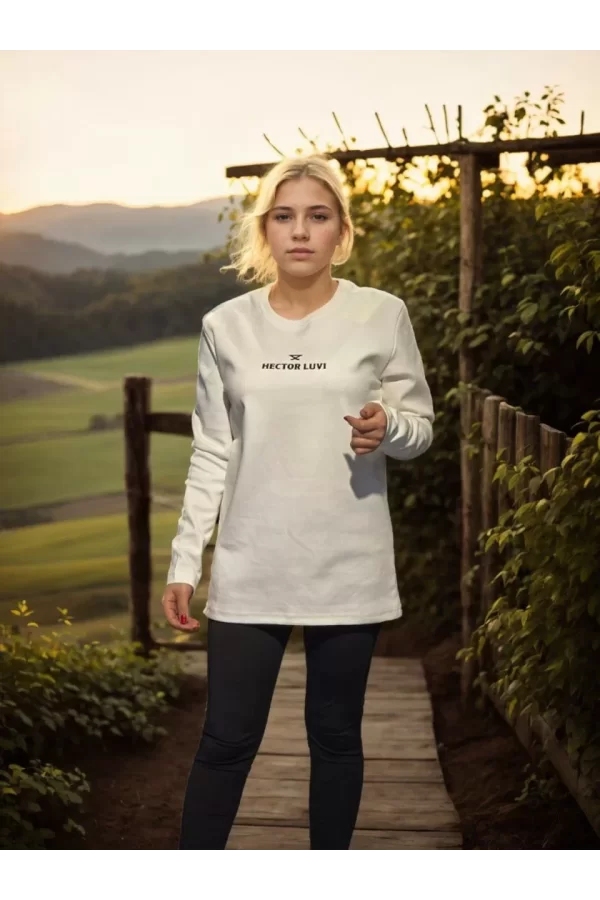 Luz&Pos Unisex Bisiklet Yaka Uzun Kollu T-shirt - Beyaz