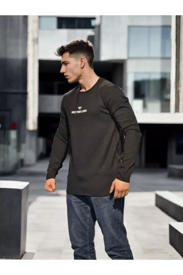 Luz&Pos Unisex Bisiklet Yaka Uzun Kollu T-shirt - Siyah