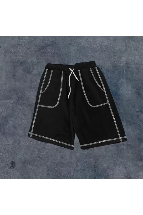 Luz&Pos Unisex Dikişli Cepli Oversize Şort - Siyah