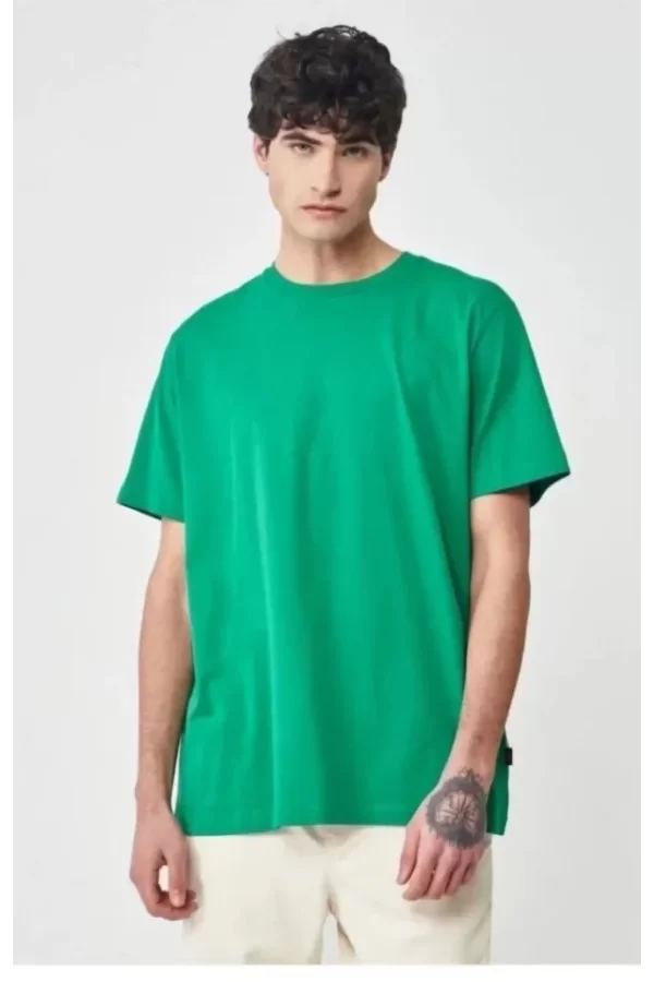 Unisex Düz Biskilet Yaka Oversize T-shirt - Yeşil