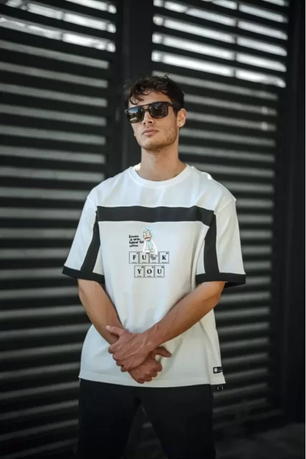 Unisex İki Yandan Fermuarlı Parçalı Baskılı Oversize T-shirt - Beyaz