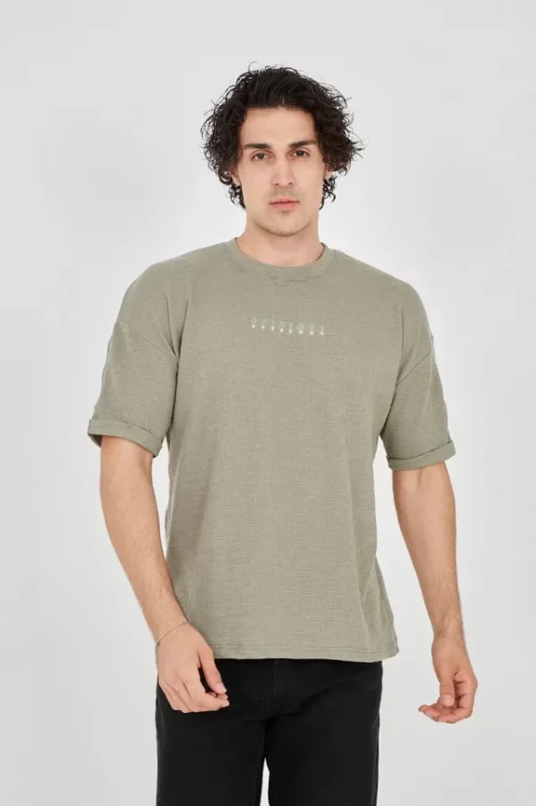 Unisex Jakar Kumaş Rahat Kol T-Shirt - Açık Yeşil