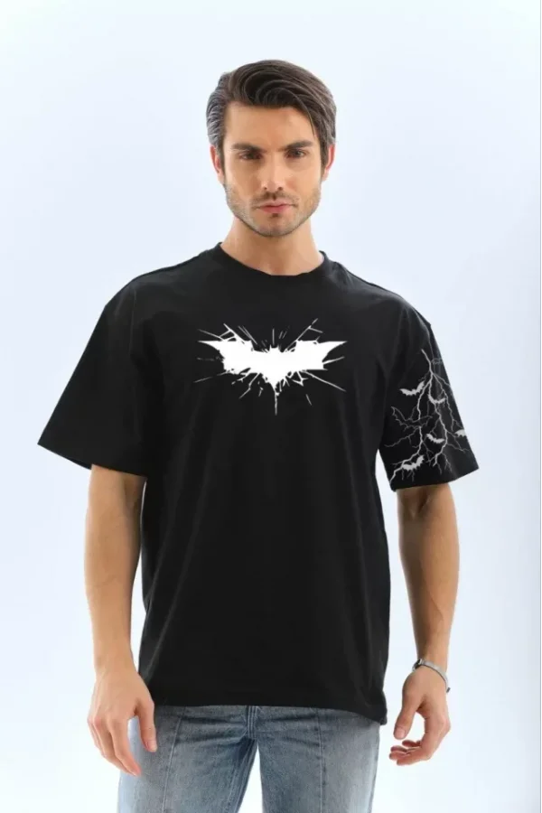 Unisex Ön Ve Kol Baskılı Oversize T-shirt - Siyah