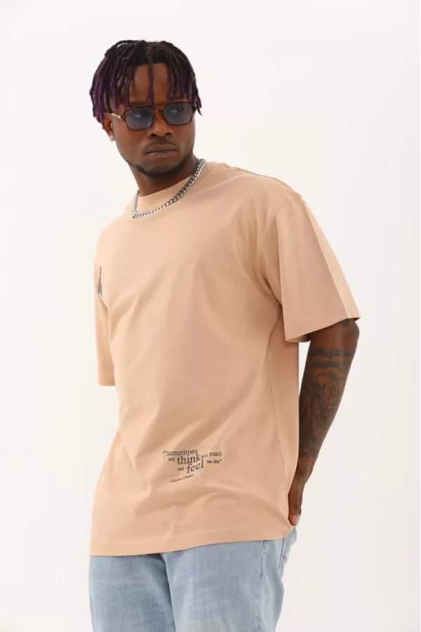 Luz&Pos Unisex Oversize Baskılı Bisiklet Yaka T-shirt - Bej