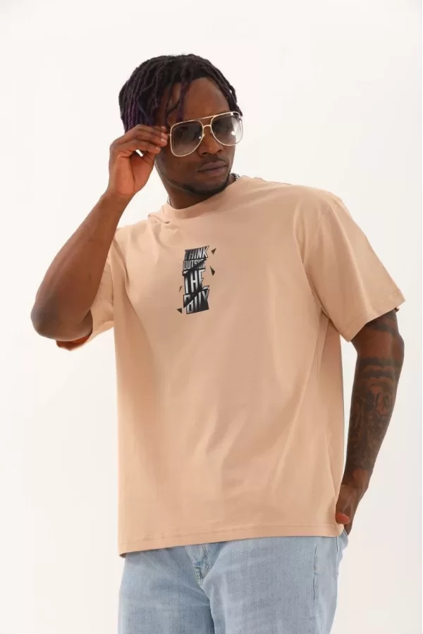 Luz&Pos Unisex Oversize Baskılı Bisiklet Yaka T-shirt - Bej