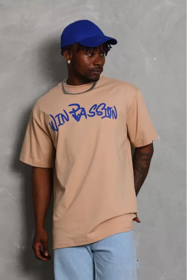 Luz&Pos Unisex Oversize Baskılı Bisiklet Yaka T-shirt - Bej