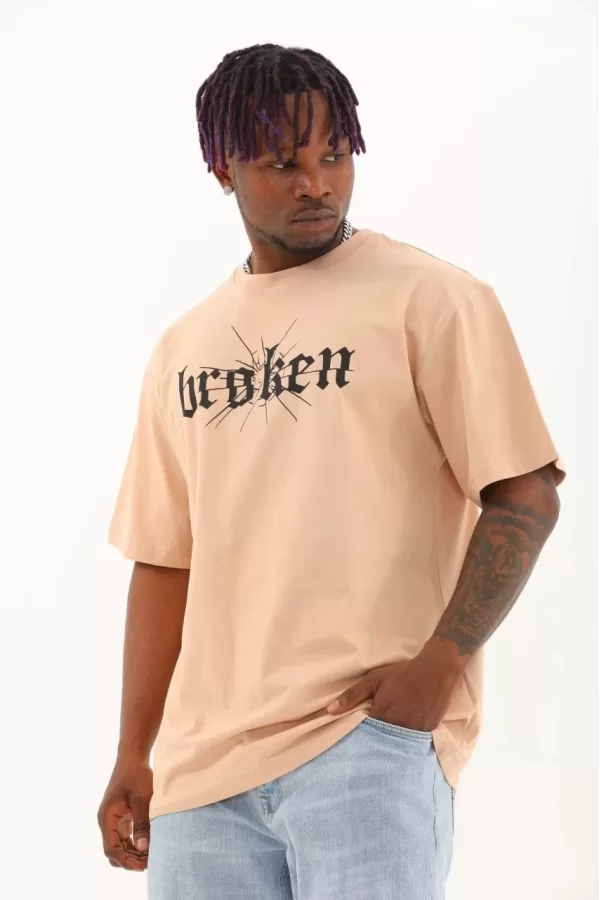 Luz&Pos Unisex Oversize Baskılı Bisiklet Yaka T-shirt - Bej