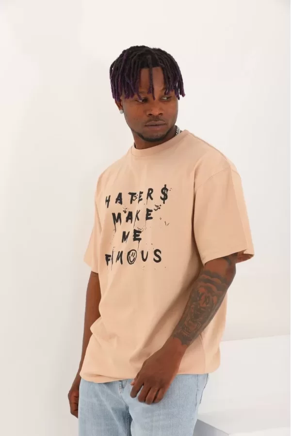 Luz&Pos Unisex Oversize Baskılı Bisiklet Yaka T-shirt - Bej